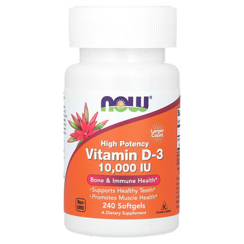 Витамин D-3, Vitamin D-3, Now Foods, высокоэффективный, 250 мкг (10000 МЕ), 240 гелевых капсул NOW-00385 фото