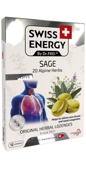 Льодяники від застуди, Herbal Lozenges Blister 20 herbs + Sage, Swiss Energy, від кашлю, болю в горлі та закладеності носа, 20 альпійських трав і шавлії, 12 трав'яних льодяників SWE-32677 фото