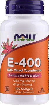 Вітамін Е, E-400, Now Foods, зі змішаними токоферолами, 268 мг (400 МО), 100 гелевих капсул NOW-00892 фото