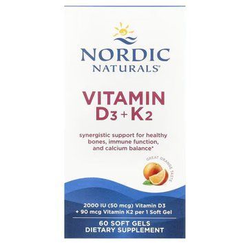 Витамины D3 + K2, Vitamins D3 + K2, Nordic Naturals, со вкусом апельсина, 60 гелевых капсул NOR-31165 фото