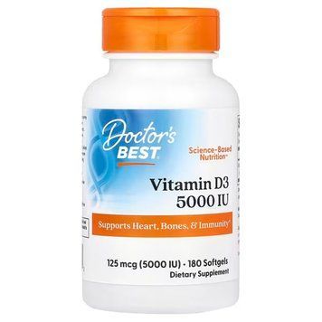 Вітамін D3, Vitamin D3, Doctor's Best, 125 мкг (5000 МО), 180 капсул DRB-00218 фото
