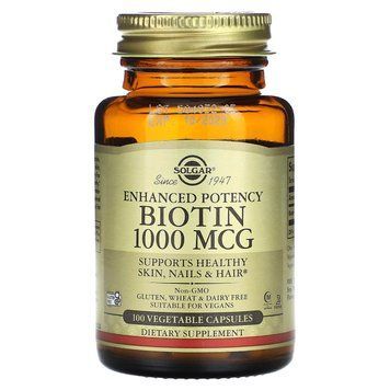 Биотин, Biotin, Solgar, 1000 мкг, повышенной эффективности, 100 вегетарианских капсул SOL-00311 фото