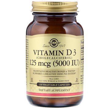 Витамин D3 (холекальциферол), Vitamin D3 Cholecalciferol, Solgar, 125 мкг (5000 МЕ), 120 вегетарианских капсул SOL-03313 фото