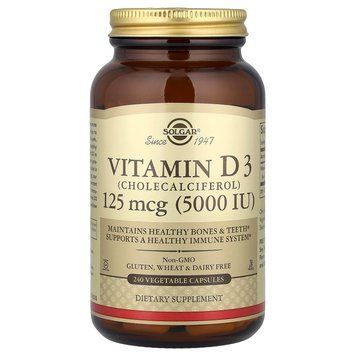 Витамин D3 (холекальциферол), Vitamin D3, Solgar, 125 мкг (5000 МЕ), 240 вегетарианских капсул SOL-03314 фото