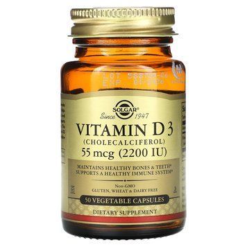 Витамин D3 (холекальциферол), Vitamin D3, Solgar, 55 мкг (2200 МЕ), 50 вегетарианских капсул SOL-03316 фото