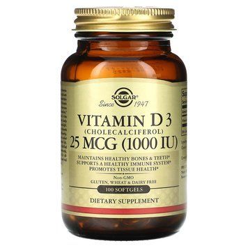 Витамин D3 (холекальциферол), Vitamin D3, Solgar, 25 мкг (1000 МЕ), 100 гелевых капсул SOL-03340 фото
