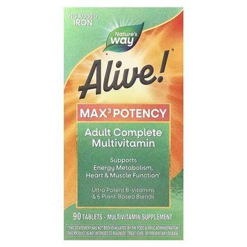 Мультивитамины, 3 в день, Alive!&reg; Max3 Potency, Nature's Way, без железа, 90 таблеток NWY-14931 фото
