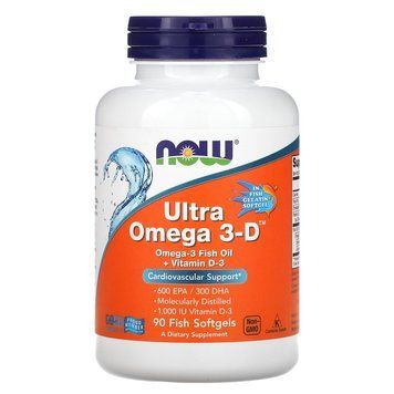 Омега-3 ультра + витамин D3, Ultra Omega 3-D, Now Foods, 600 EPA / 300 DHA, 90 рыбьих гелевых капсул NOW-01663 фото