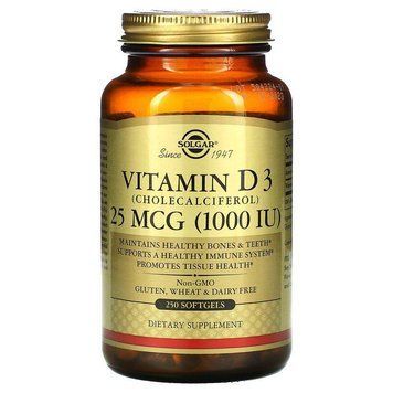 Витамин D3 (холекальциферол), Vitamin D3, Solgar, 25 мкг (1000 МЕ), 250 гелевых капсул SOL-03341 фото