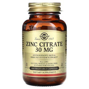 Цитрат цинка, Zinc Citrate, Solgar, 30 мг, 100 капсул SOL-03670 фото