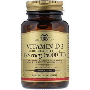 Витамин D3 (холекальциферол), Vitamin D3, Solgar, 125 мкг (5000 МЕ), 100 гелевых капсул SOL-19377 фото