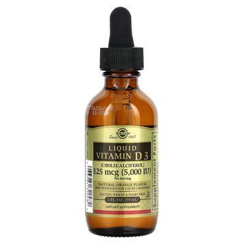 Витамин Д3, Liquid Vitamin D3, Solgar, 125 мкг (5000 МЕ), жидкий, вкус апельсина, 59 мл SOL-32048 фото