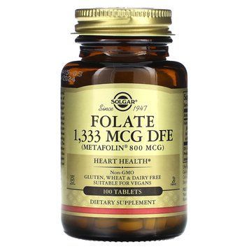 Фолиевая кислота, Folate, Solgar, фолат, 1333 мкг DFE (800 мкг), 100 таблеток SOL-01945 фото