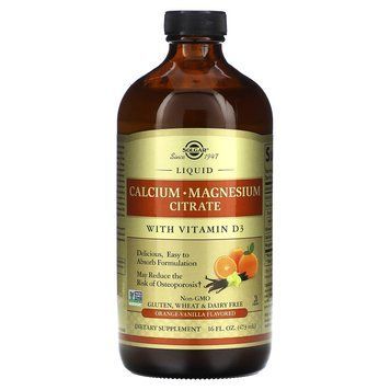 Кальций, магний, D3, Calcium Magnesium Vitamin D3, Solgar, апельсин, ваниль, цитрат, жидкий, 473 мл SOL-35832 фото