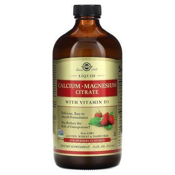 Кальций магний D3, Calcium Magnesium Citrate with Vitamin D3, Solgar, цитрат, вкус клубники, жидкий, 473 мл. SOL-35833 фото