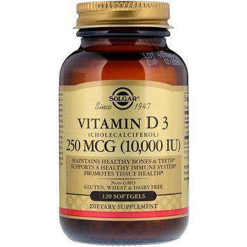 Вітамін D3 (холекальциферол), Vitamin D3 (Cholecalciferol), Solgar, 250 мкг (10000 МО), 120 гелевих капсул SOL-35872 фото