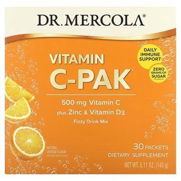 Вітамін С + цинк та вітамін D3, Vitamin C-PAK with Quercetin, Dr. Mercola, зі смаком апельсина, 500 мг, 30 пакетиків (4.84 г кожний) MCL-21020 фото