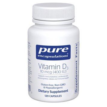 Витамин D3, Vitamin D3, Pure Encapsulations, поддержка для здоровья костей, груди, простаты, сердечно-сосудистой системы, толстой кишки и иммунитета, 10 мкг (400 МЕ), 120 капсул PES-00622 фото