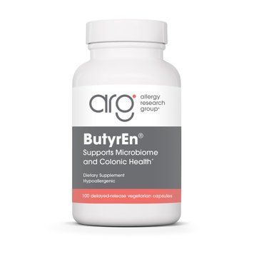 Масляная кислота (бутират кальция и магния), ButyrEn, Allergy Research Group, для поддержки кишечника и пищеварения с комплексом трибутирата, 100 вегетарианских капсул с замедленным высвобождением (200 мг на капсулу) ALG-70220 фото