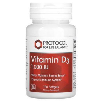 Вітамін D3, Vitamin D3, Protocol for Life Balance, 1000 МО, 120 гелевих капсул PRT-10365 фото