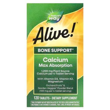 Кальций, D3, К2 и магний, Alive! Calcium, Max Absorption, Nature's Way, Alive!, укрепление костей, максимальное усвоение, 120 вегетарианских таблеток NWY-15839 фото
