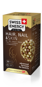 Здоровье кожи, волос и ногтей, HAIR, NAIL & SKIN B1+B6+Niacin+Biotin+Zn+L-Cys+L-Met, Swiss Energy, 30 капсул SWE-32427 фото
