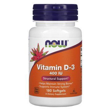 Вітамін D3, Vitamin D-3, Now Foods, структурна підтримка, 10 мкг (400 МО), 180 гелевих капсул NOW-00364 фото
