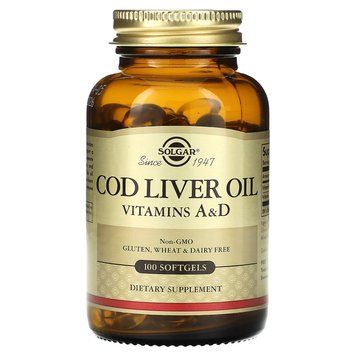 Витамин А и D из масла печени трески, Cod Liver Oil, Vitamins A & D, Solgar, 100 гелеввых капсул SOL-00940 фото