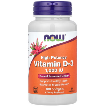 Вітамін D-3, Vitamin D-3, NOW Foods, високоефективний, 1000 МО, 180 гелевих капсул NOW-00365 фото