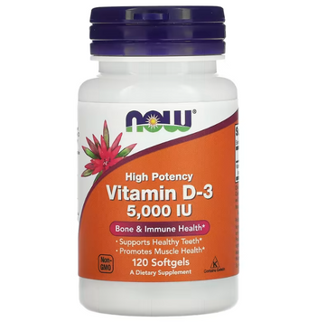 Витамин D-3, Vitamin D-3, NOW Foods, высокоэффективный, 125 мкг (5000 МЕ), 120 гелевых капсул NOW-00372 фото