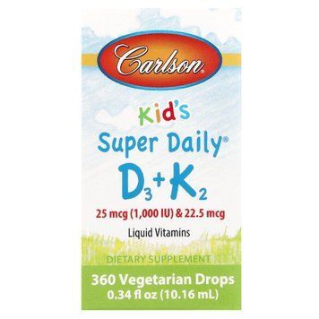 Вітамін D3 і вітамін К-2, для дітей, Super Daily D3 + K2, Carlson, рідина, 25 мкг (1000 МО) і 22,5 мкг, 10,16 мл CAR-10530 фото