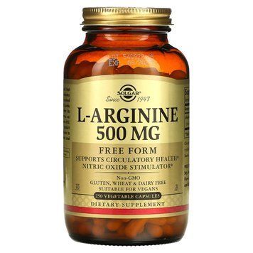 Аргінін, L-Arginine, Solgar, вільна форма, 500 мг, 250 вегетаріанських капсул SOL-00142 фото