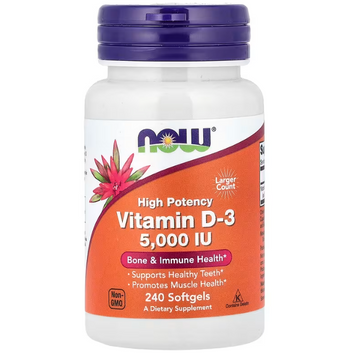 Вітамін D-3, Vitamin D-3, Now Foods, високоефективний, 125 мкг (5000 МО), 240 гелевих капсул NOW-00373 фото
