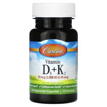 Вітамін D3 і К2, Vitamin D3 + K2, Carlson, 30 вегетаріанських капсул CAR-10600 фото