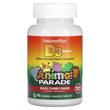 Вітамін D-3, Vitamin D 3, Nature's Plus, Animal Parade, смак чорної вишні, без цукру, 12,5 мкг (500 МО), 90 жувальних таблеток у формі тварин NAP-29923 фото