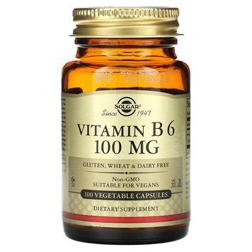 Витамин В6, Vitamin B6, Solgar, 100 мг, 100 вегетарианских капсул SOL-03110 фото