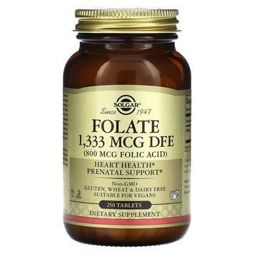 Фолат, Folate, Solgar, фолиевая кислота, 1,333 мкг DFE (800 мкг), 250 таблеток SOL-01101 фото