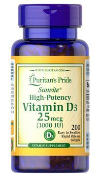 Вітамін D3, Vitamin D3, Puritan's Pride, 25 мкг (1000 МО), 200 гелевих капсул PTP-15606 фото